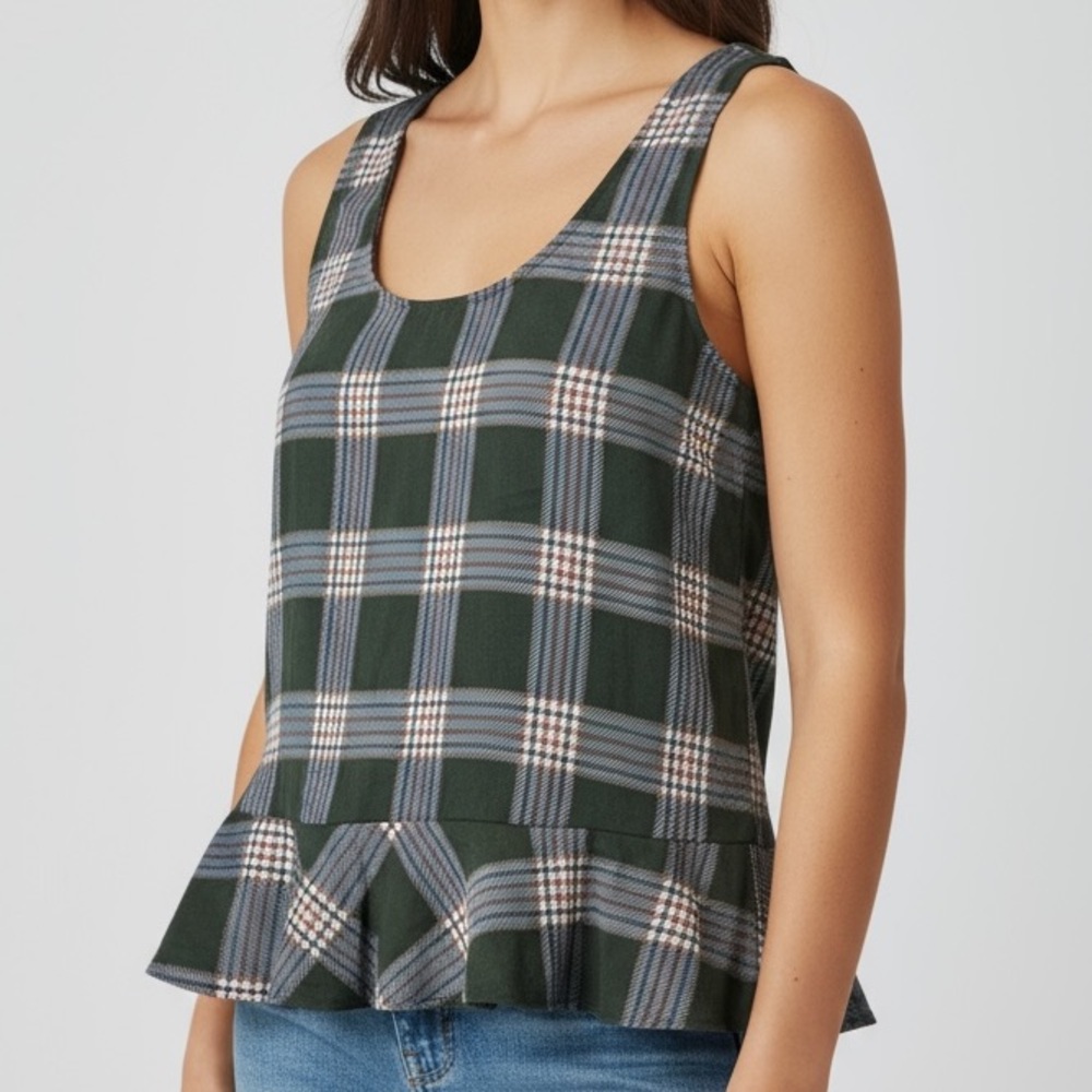 Joy Joy Plaid Peplum Sleeveless‎ Tunic Top, Dark Green Grey - L - NWOT